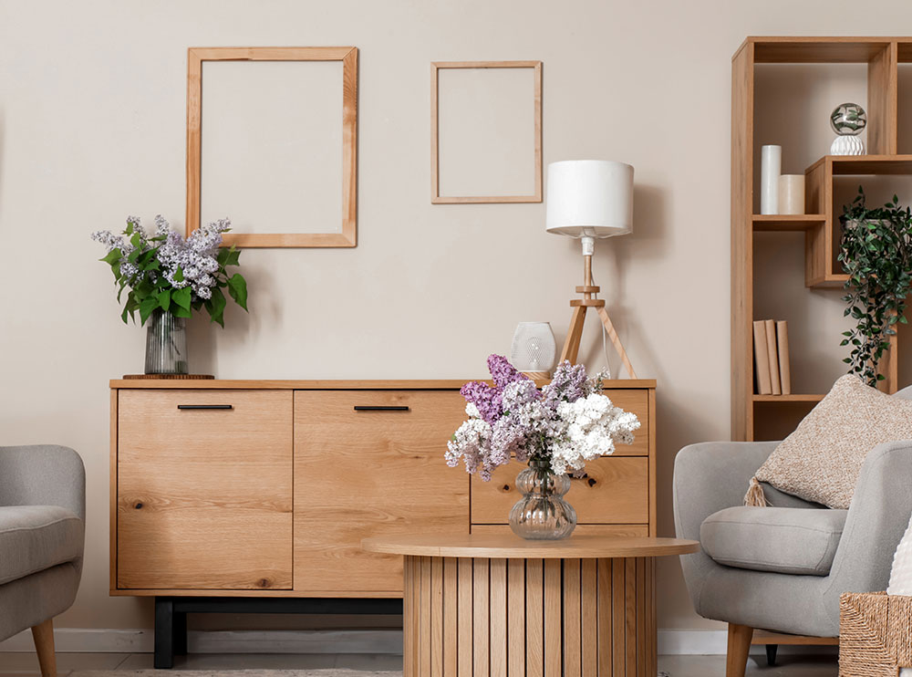 Wohnzimmer mit frischen Blumen als Dekoration